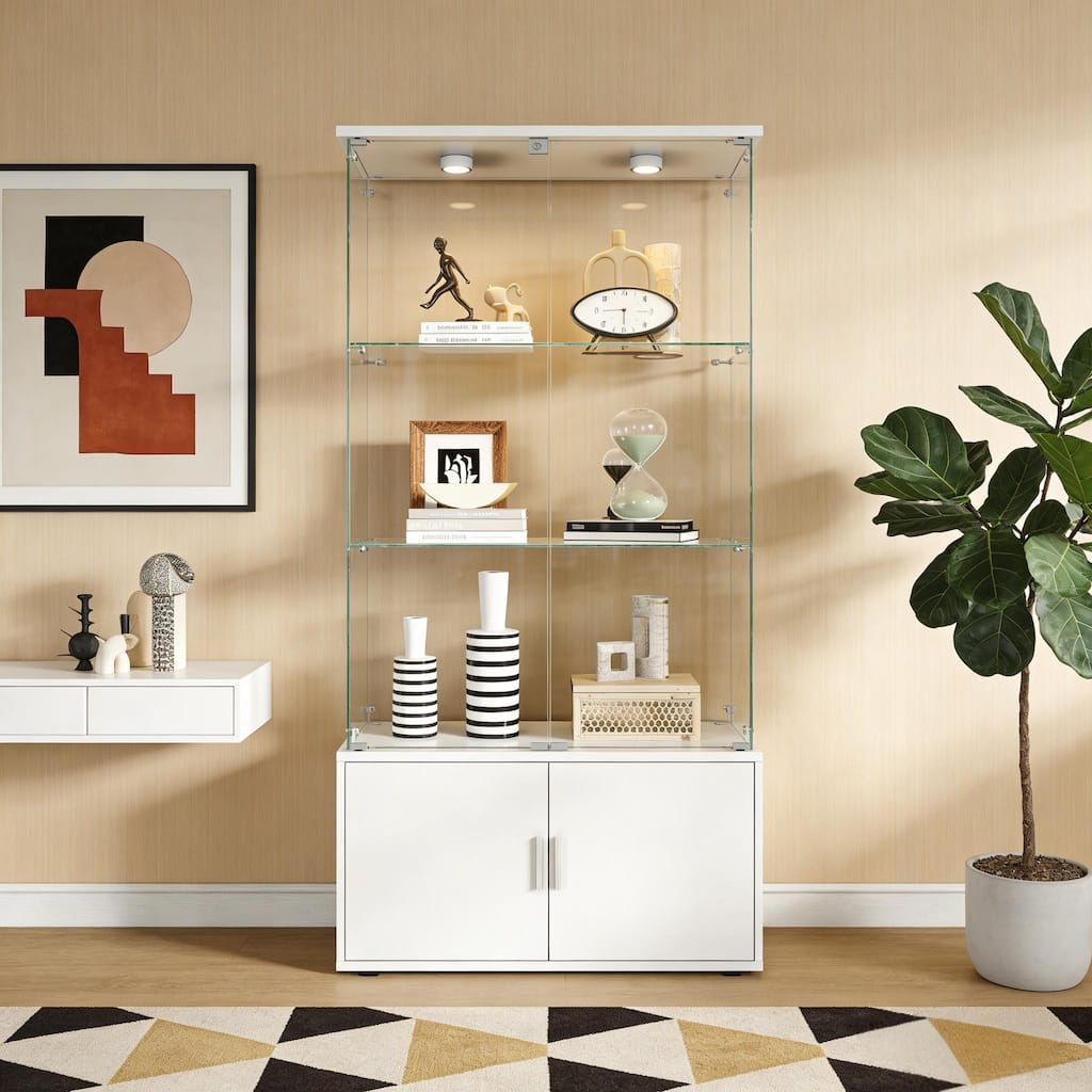 Double-door four-layer cabinet-style storage cabinet,display cabinet,wine cabinet,with remote-controlled lights,adjustable feet