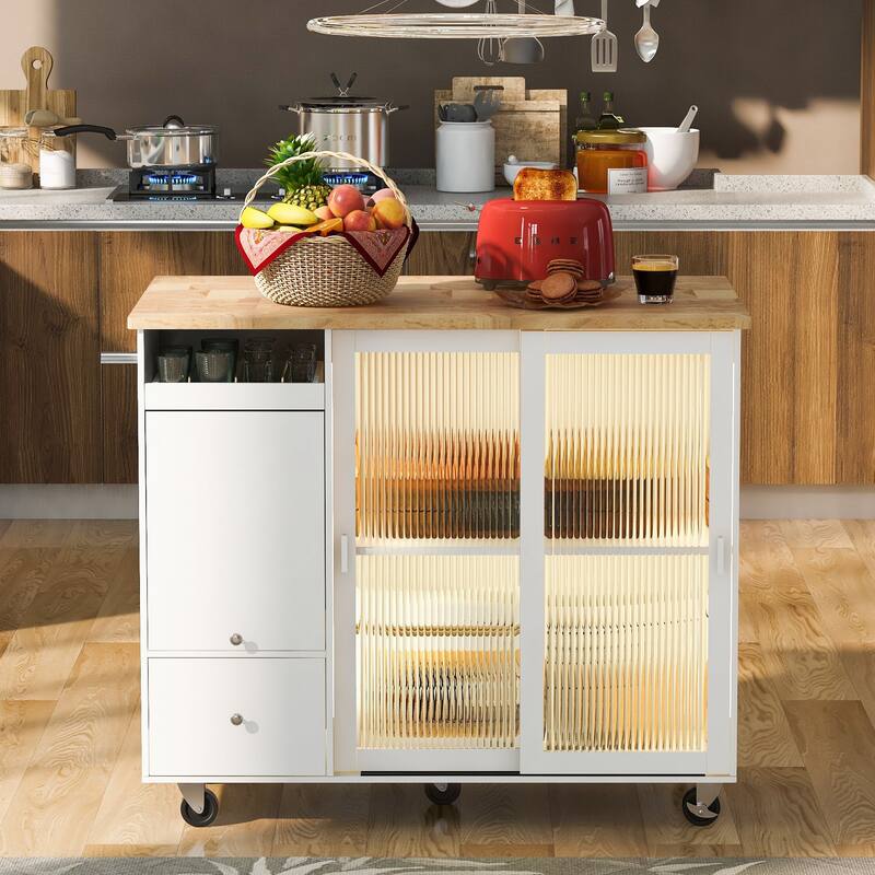 Rolling Kitchen Cart with LED Light, Fluted Glass Doors, Drop Leaf Top, and Adjustable Storage (White)