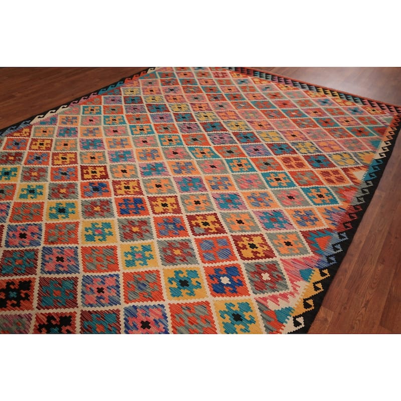 Flat Weave Trellis Kilim Oriental Area Rug Flatweave Wool Carpet - 7'10" x 11'5"