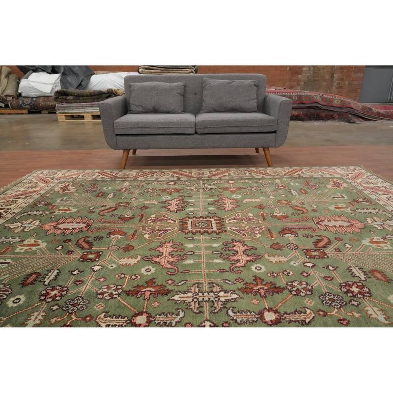 Hand Knotted Oriental 100% Wool Carpet Transitional All-Over Green Oushak Area Rug - 9' 9'' X 7' 9''