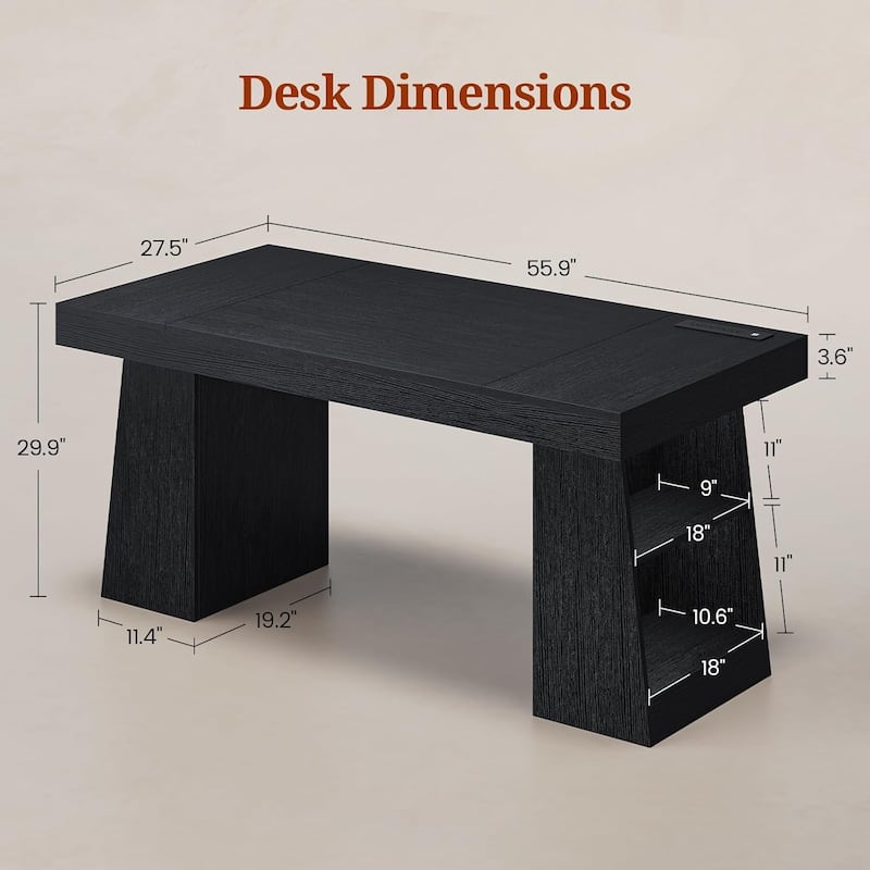 Executive Desk with Power Outlets Home Office Desk Storage Shelves Cabinet