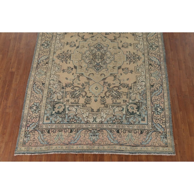 Peach Tabriz Vintage Persian Area Rug Hand-Knotted Wool Carpet - 6'8" x 9'8"