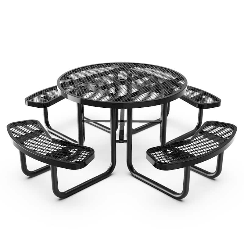 Commercial Grade Expanded Mesh Metal Outdoor Picnic Table with Anchors - 82.5"D x 82.5"W x 29"H