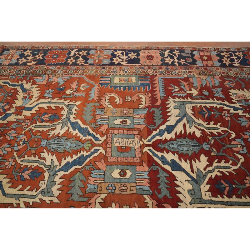Hand Knotted Oriental 100% Wool Carpet Traditional Floral Oranges & Rust Heriz (serapi) Area Rug - 11' 7'' X 8' 1''