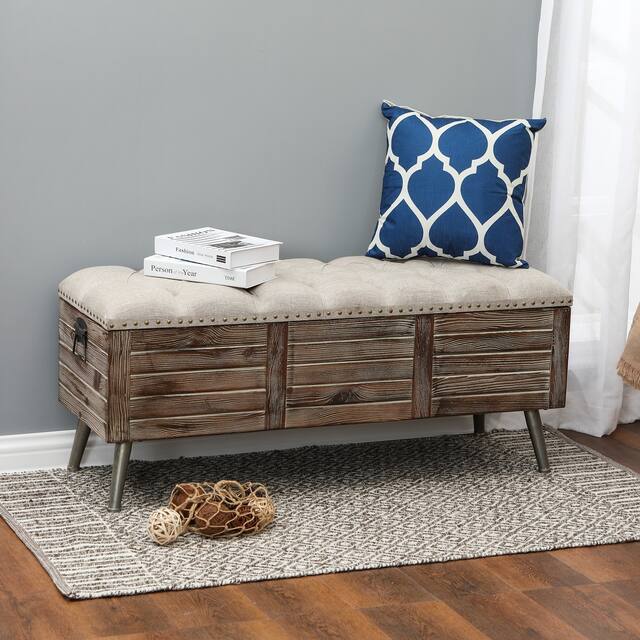 Natural Wood Upholstered Bedroom and Entryway Storage Bench - 20.25" H x 47.38" W x 15.81" W