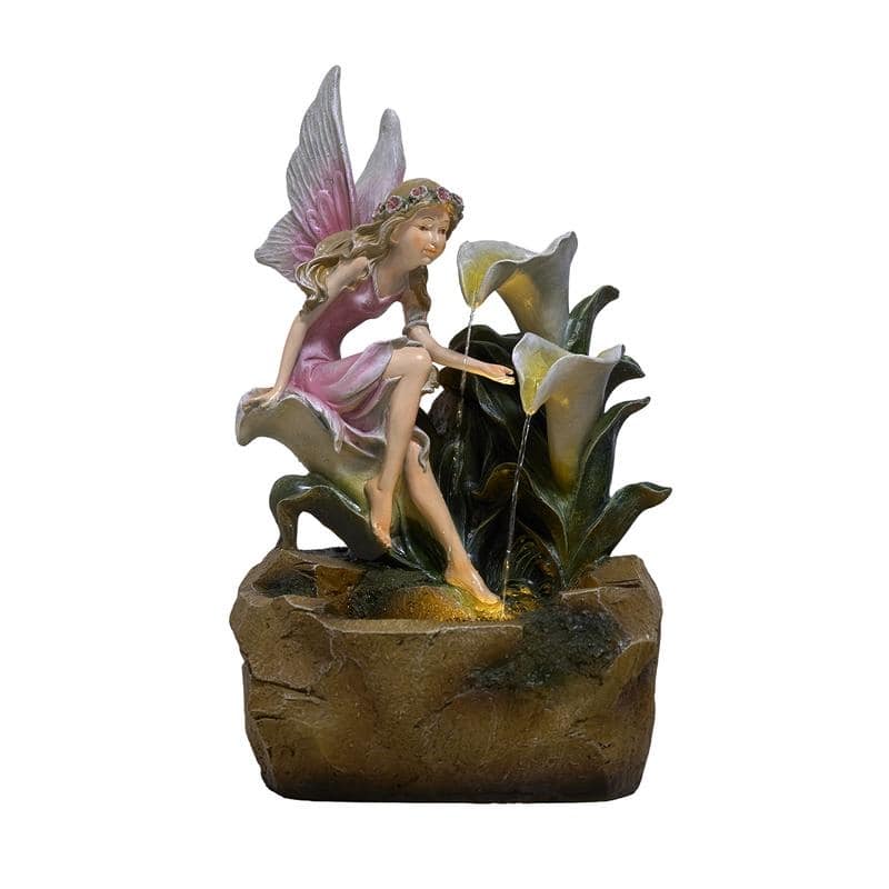 Outdoor Fairy & Calla Lily Water Fountain with Fairy-Tale Garden Style and Lights
