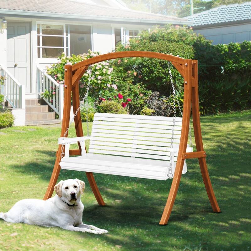 Upgraded 2-Person Wood Porch Swing with Cup Holders and Chains - N/A