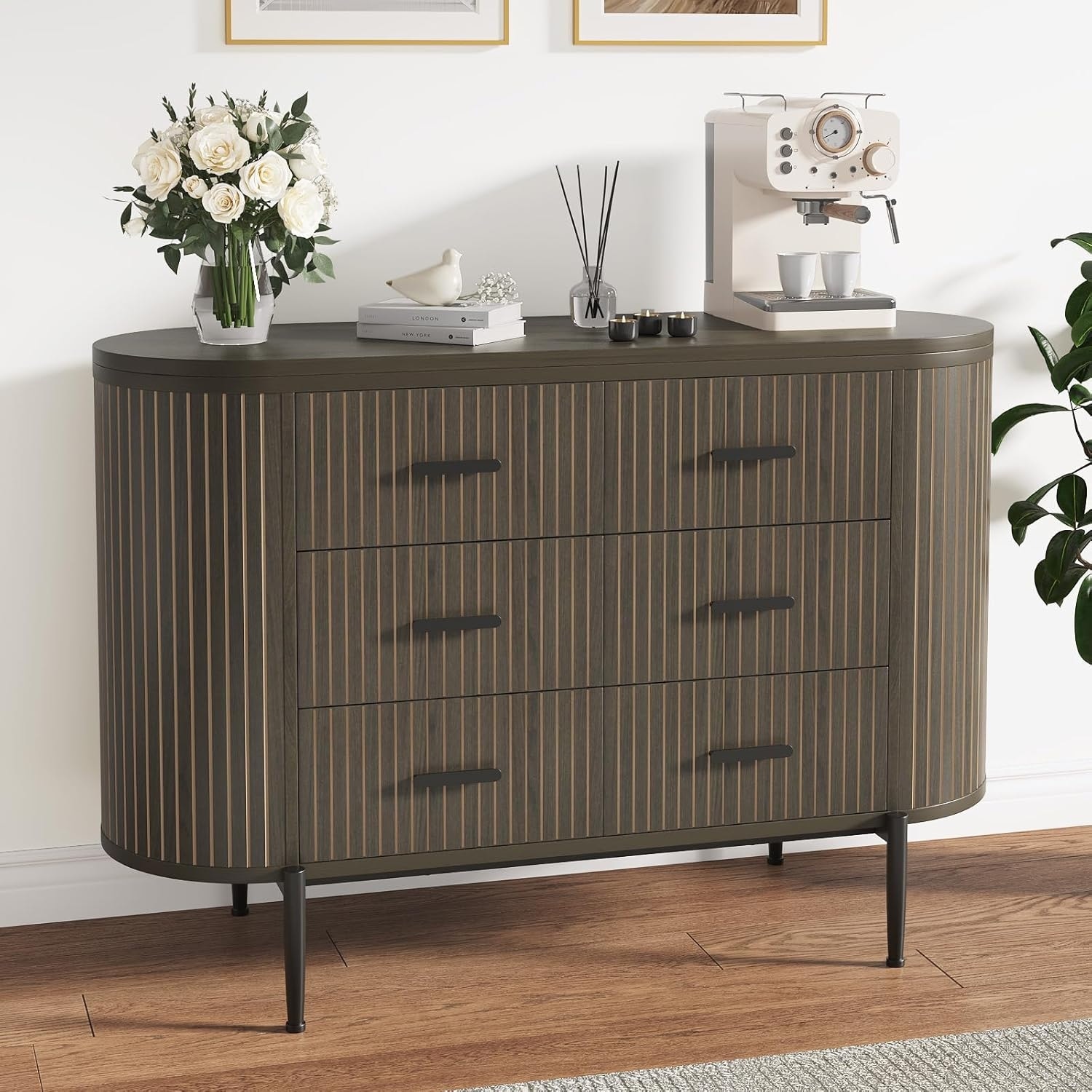 47.2 Inch Fluted 6 Drawer Dresser, Mid Century Wooden Chest of Drawers with Curved Design and Marble Style Top