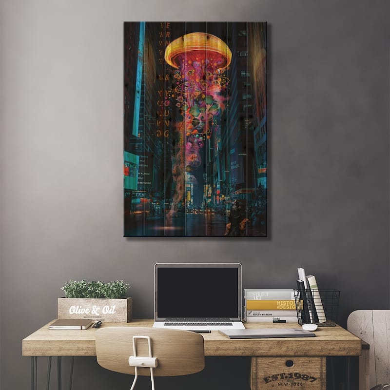 Electric Jellyfish In Newyork Print On Wood by David Loblaw - Multi-Color