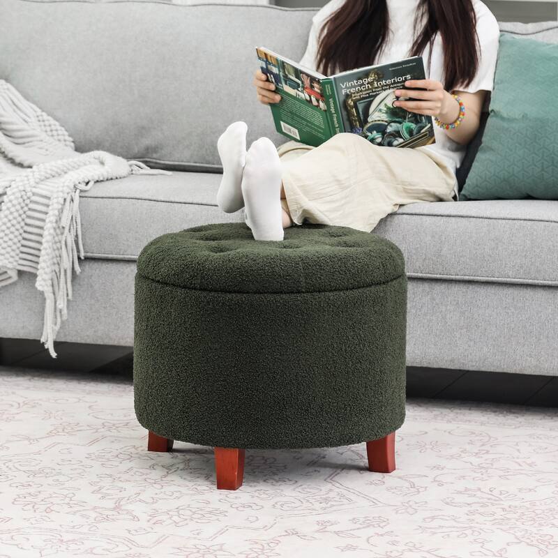 Adeco Round Button-tufted Lift-top Storage Ottoman