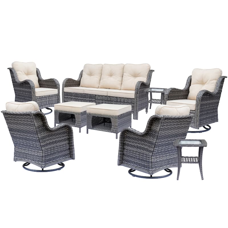 9 Piece Outdoor Patio Furniture Set Wicker Swivel Chair with Ottoman