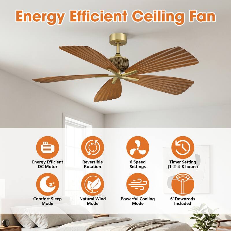 56" Brown Tropical Pleated Leaf 5-Blade Indoor Outdoor Ceiling Fan with Remote, No Light