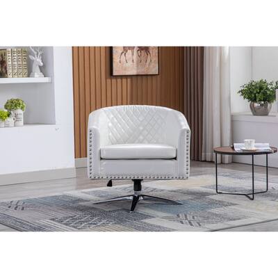 Polyester Swivel Barrel Chair with Nailheads and Metal Base