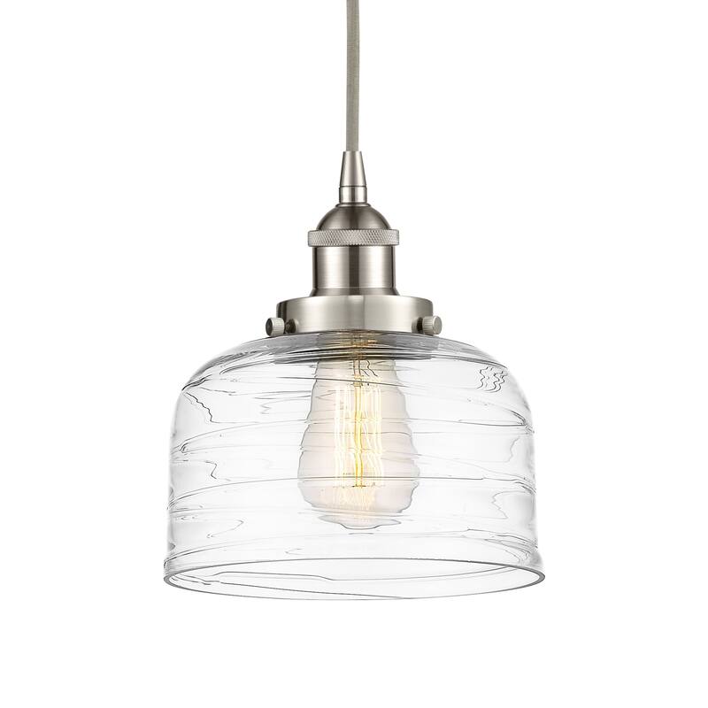 Innovations Lighting 616-1PH-10-8 Bell Pendant Bell 8" Wide Mini - Brushed Satin Nickel / Clear Deco Swirl