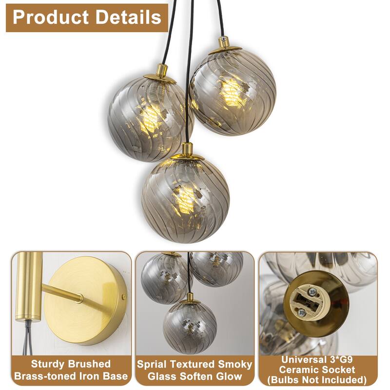 3-Light Modern Gold Metal Wall Sconce Glass Globe Shades