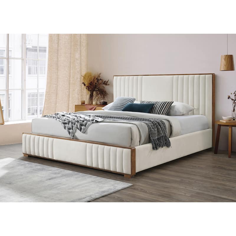 GDFStudio Upholstered Beige Chenille and Walnut Finish Platform Bed