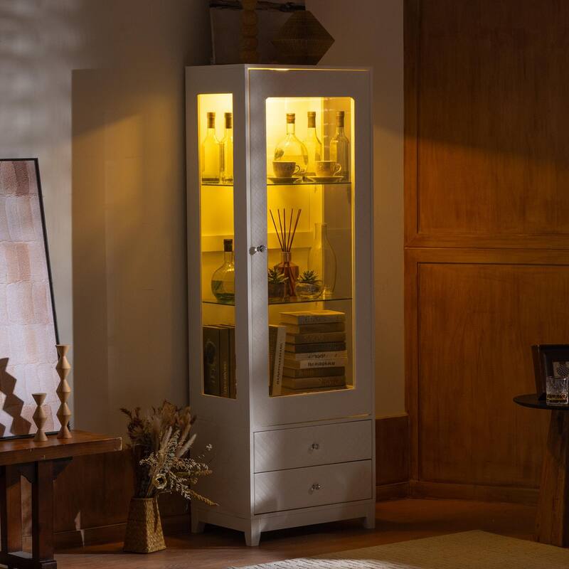 Anmytek 71'' Freestanding Upholstered Display Cabinet, Upholstered Glass Door Cabinet with Ceiling Light,Wine Cabinet