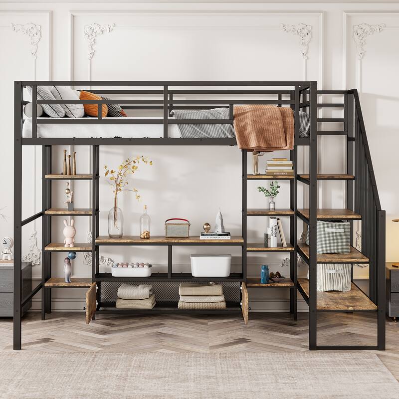 Full-Size Metal Loft Bed with Staircase, Built-In Low Storage Desk, and Multi-Tier Shelving for Space-Saving Versatility