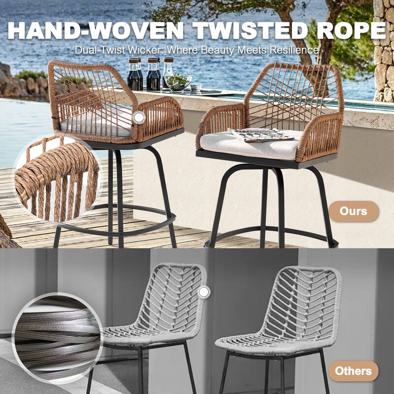 2-Piece Twisted Rattan Patio Bar Stools Set with Cushions, Swivel Design