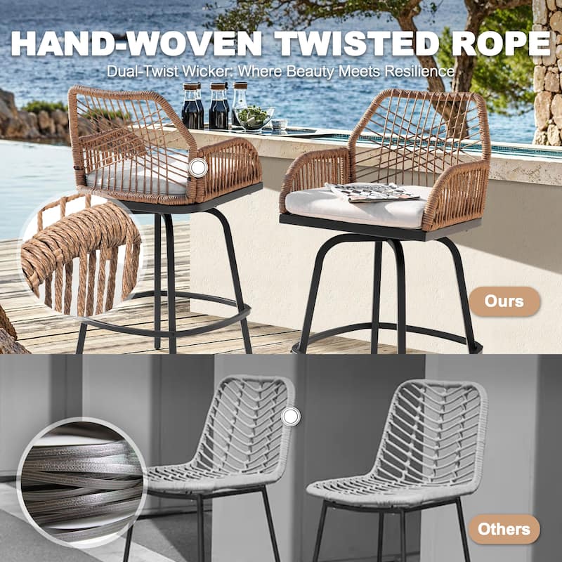 Swivel Patio Bar Set with Cushions, Handwoven Twisted Rattan Design