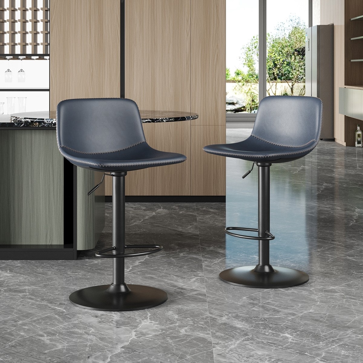 Mid-Century Modern Faux Leather Swivel Adjustable Bar Stools Set of 2