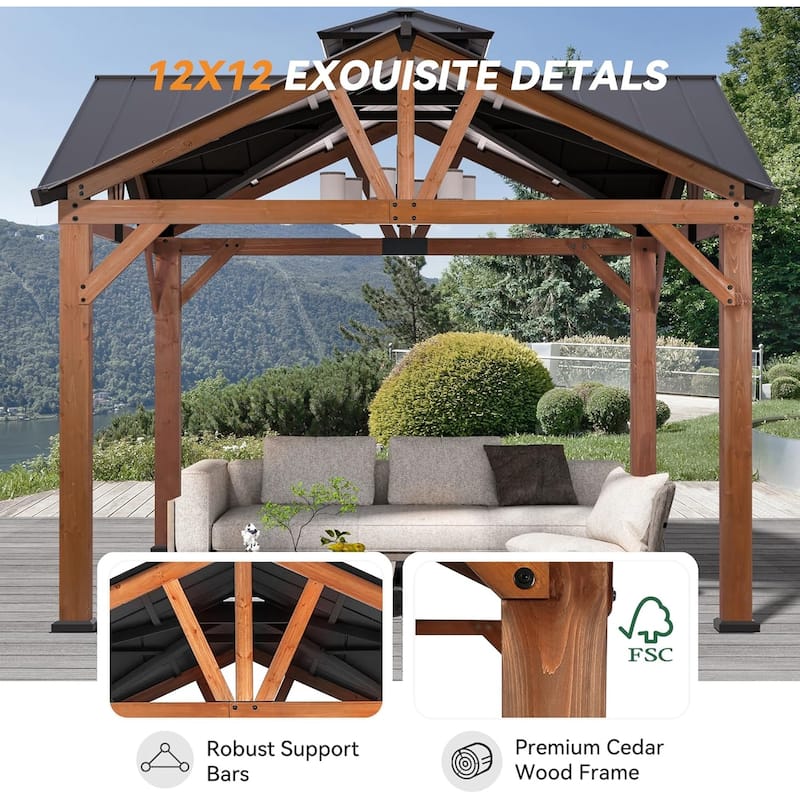 Cedar Wood Gazebo 12’ x 12’, Heavy Duty Hardtop Gazebo with Steel Roof, Water Resistant, Wind Resistant