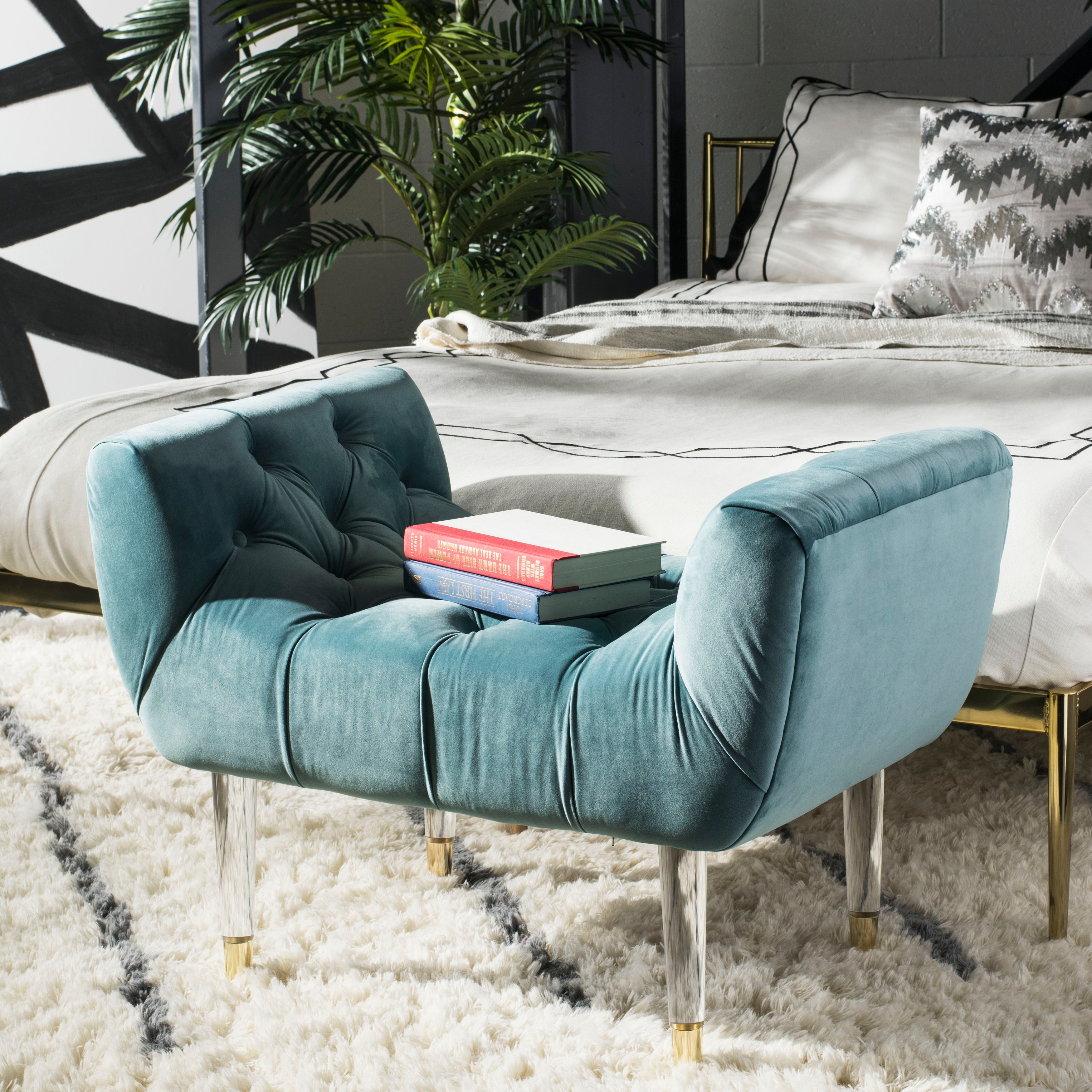 Safavieh Eugenie Tufted Velvet Acrylic Bench Seafoam