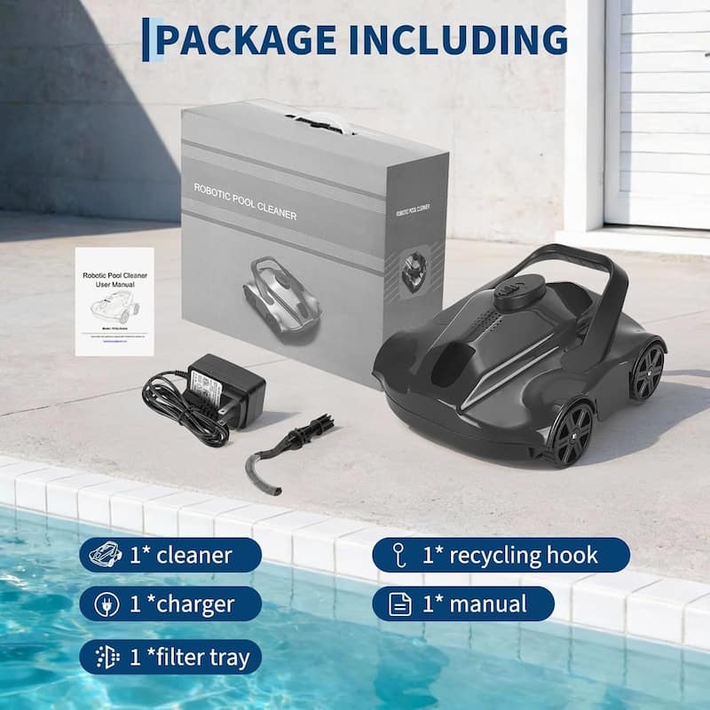 Cordless Pool Cleaner Robotic, Pool Vacuum for Inground Pools Up to 860 Sq.ft, Black - N/A
