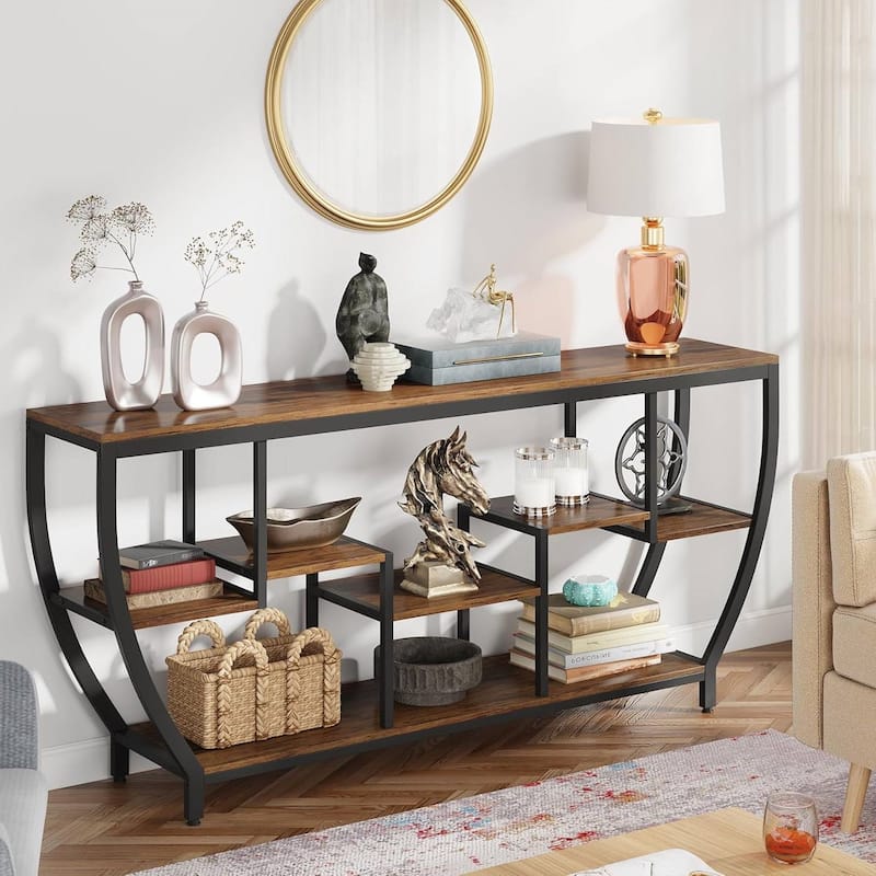 MDF Steel Industrial Console Table with 7 Staggered Shelves - 70.86’’W X 11.81" D X 35.43’’H