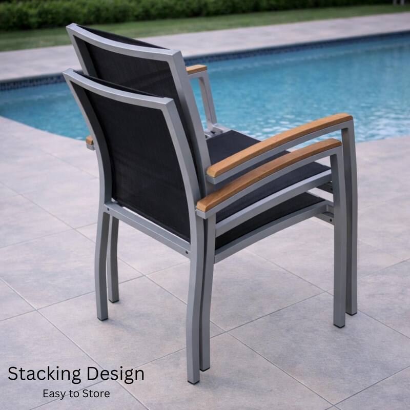 Luna Light Grey 7-Piece Aluminum Outdoor Dining Set with Sling Set in Black - N/A