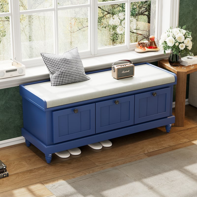 Storage Bench with Cushioned Seat & 3 Drawers, Wooden Entryway Storage Bench, Shoe Bench with Hidden Storage Space