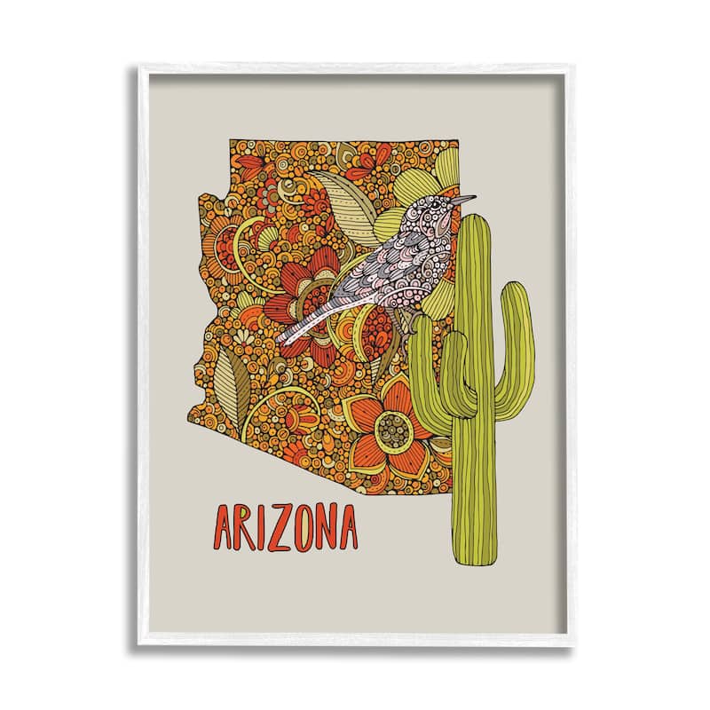 Stupell Arizona State Bird Detailed Cactus Floral Pattern Framed Wall Art, Design by Valentina Harper - 24 x 30 - White