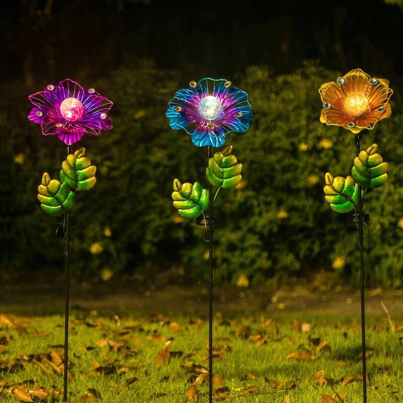 Adeco Set of 3 Solar LED Metal Flowers Garden Stakes
