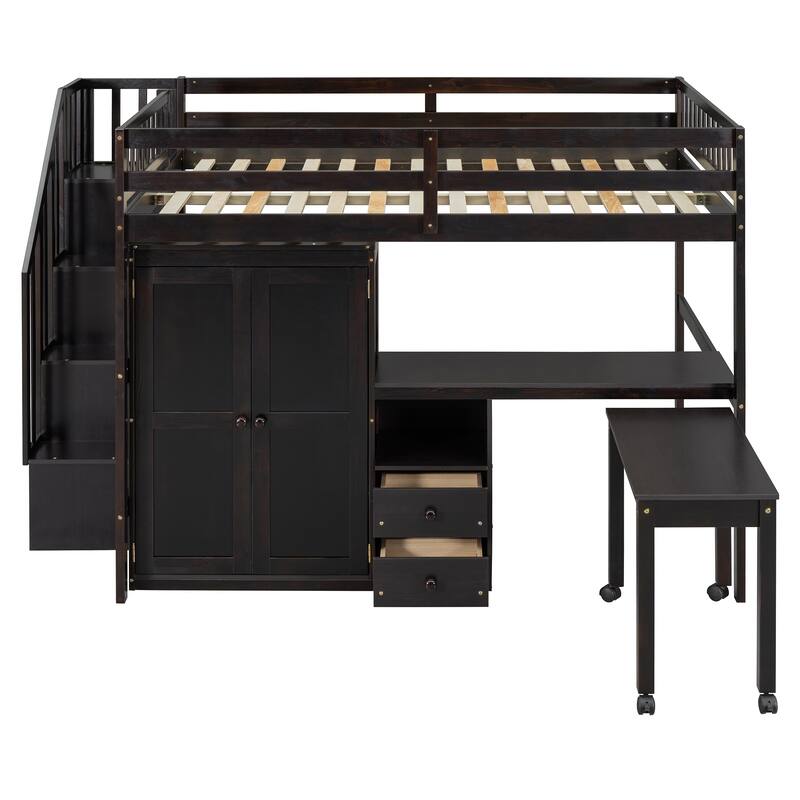 Full Size Loft Bed with Stairs Desk Drawers Bookshelf Wardrobe Pine Wood