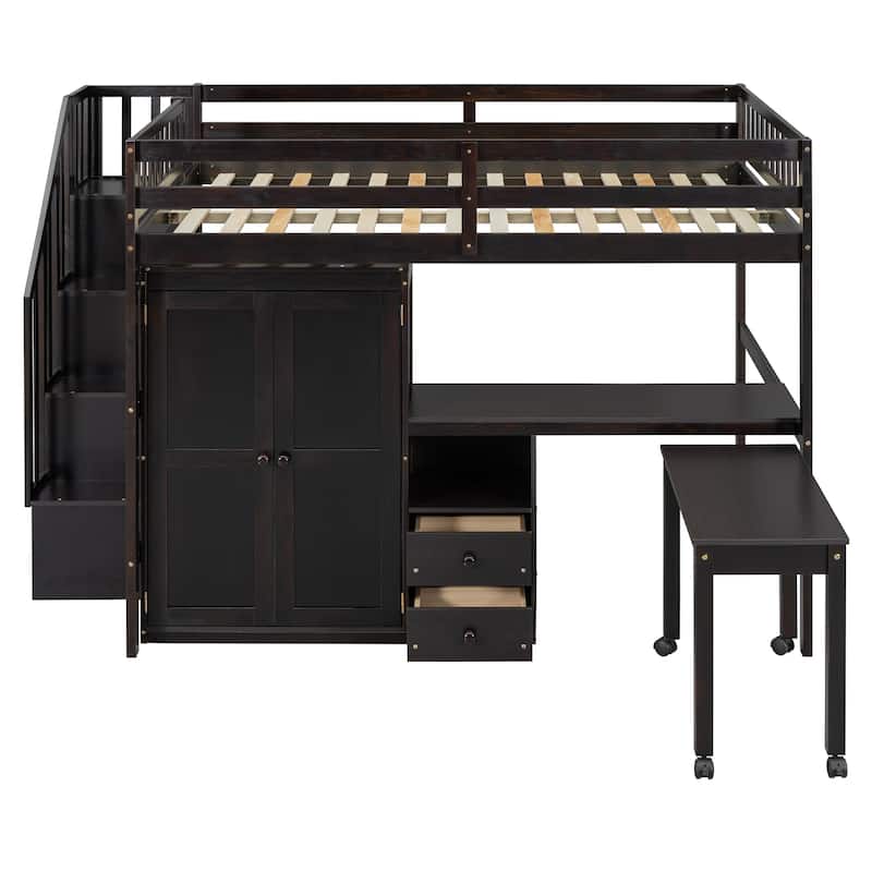 Multifunctional Full Size Loft Bed with Stairs, Bookshelf, Drawers, Desk & Wardrobe for Kids & Teens