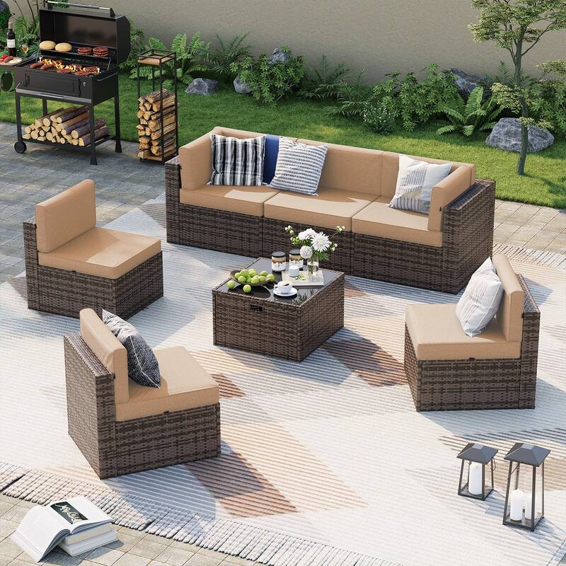 AOXUN Wicker Rattan Outdoor Sectional Sofa Set with Coffee Table - 7 pcs - Brown-Khaki