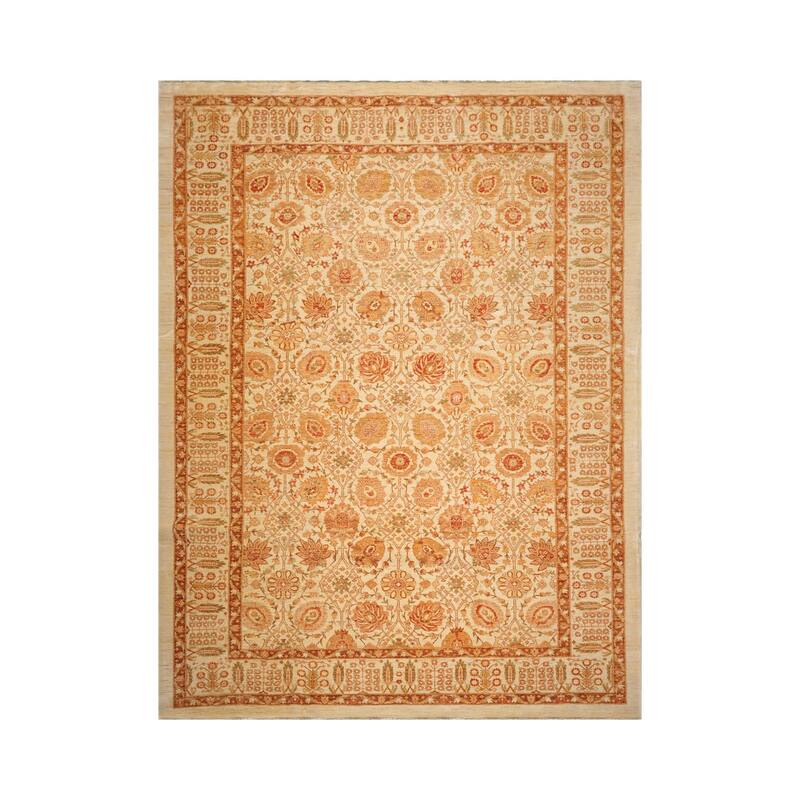 Hand Knotted Peshawar Ivory, Brown Wool Traditional Oriental Area Rug - 10' 4'' x 13' 7''