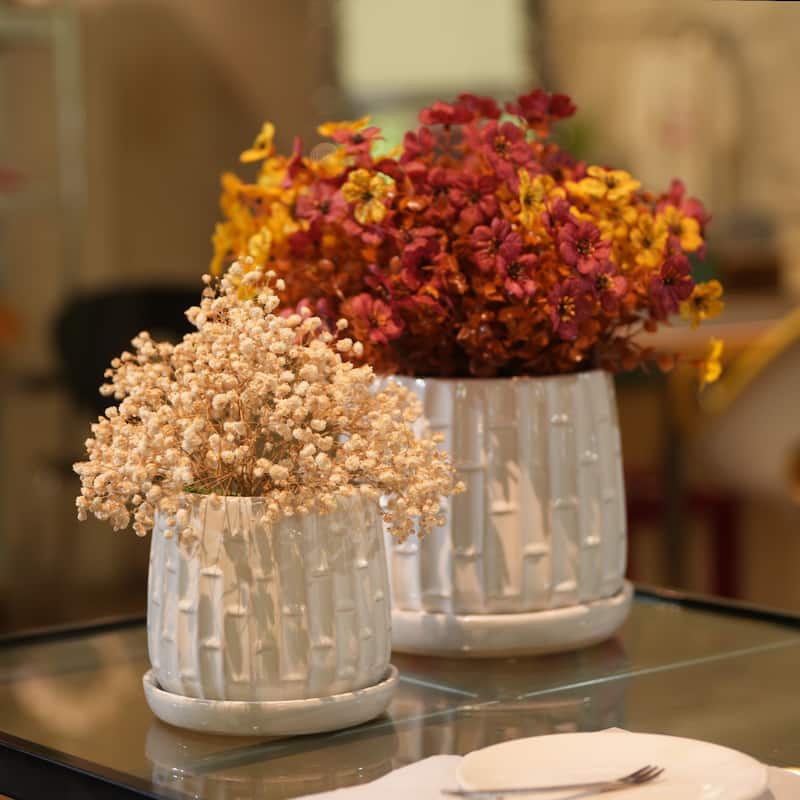 Set of 2 Handmade Ceramic Planters, Includes Saucers, Vertical Ribbed