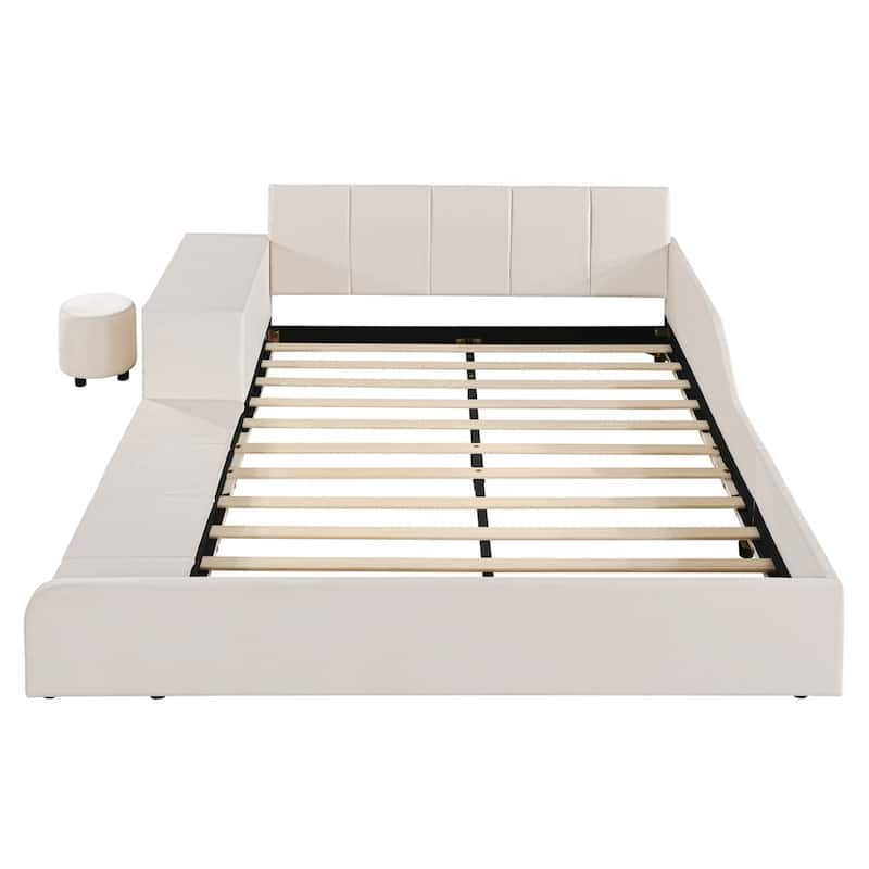 Full Size Velvet Grounded Bed with Bedside Desk and Little Round Stool