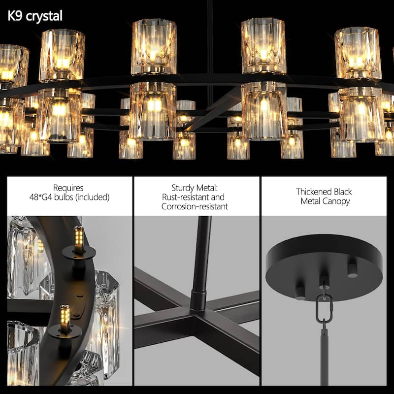 48" Black Luxury Crystal Chandelier LED for Living & Dining (Bulbs Incl)