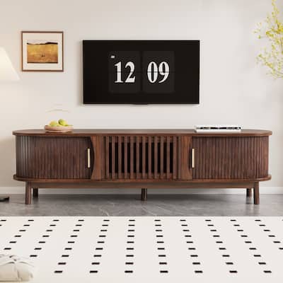 Farmhouse Curved TV Stand Entertainment Center for 75" TVs, Sliding Doors Television Cabinet Dark Brown TV Console Table