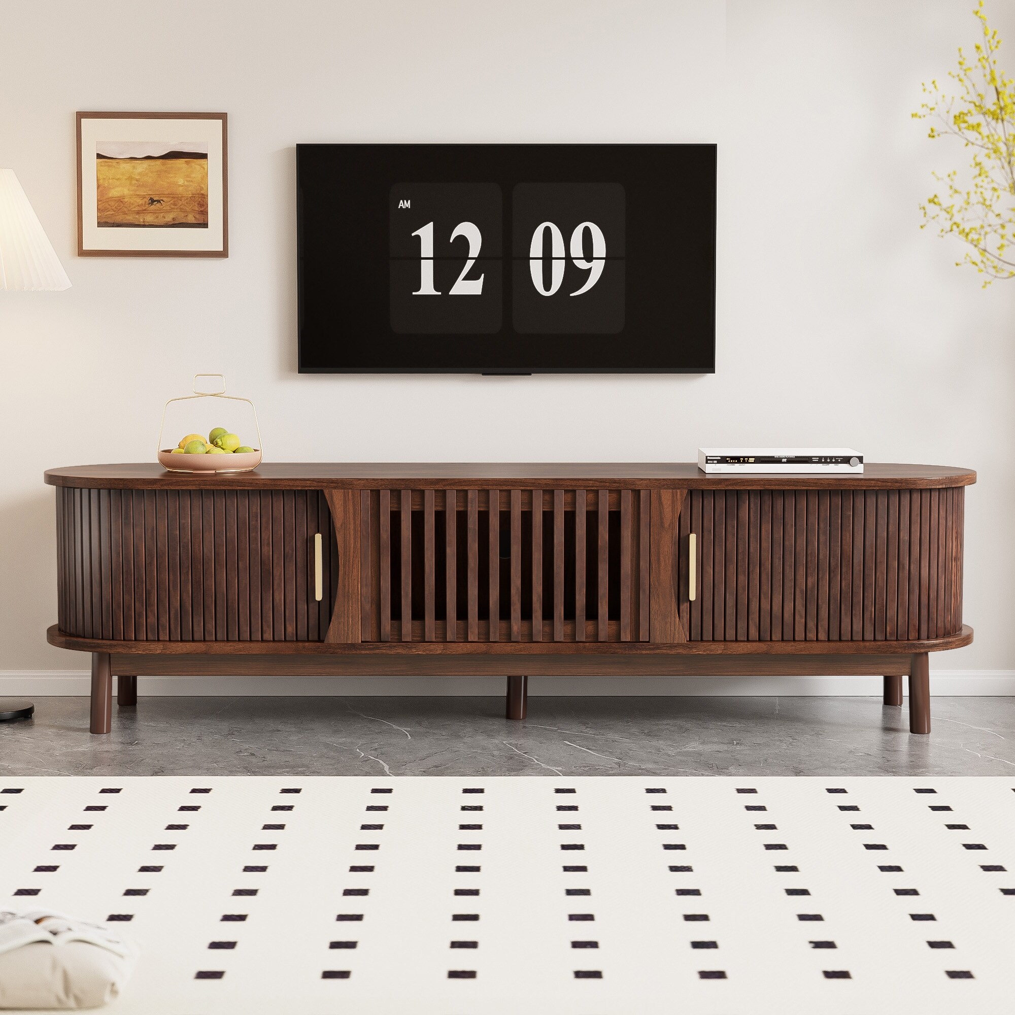 Modern Dark Brown TV Stand for 75" TVs,Solid Wood TV Console with Storage Cabinet,Entertainment Center