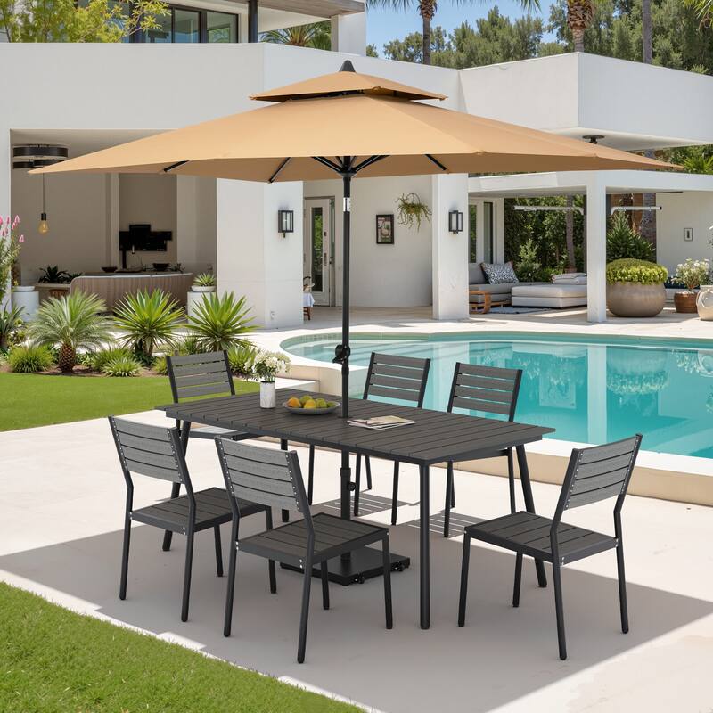 9PC Outdoor Patio Dining Set Wood-Like Aluminum Table with Stackable Chairs,Double Top Market Umbrella and Wheel Base - GreyTable&GreyChairs&TanUmbrella