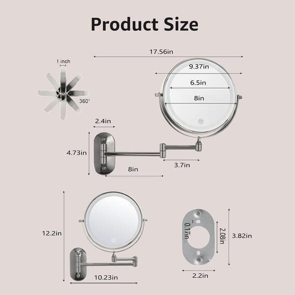 dimension image slide 1 of 6, Yulika Rechargeable Lighted Wall Mounted Makeup Mirror with 3 Color Lights Double Sided 1X/10X or 1X/7X