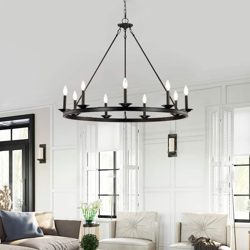 Eva 9-Light Antique Black Wagon Wheel Candle Style Round Chandelier - 40 inches in diameter x 32 inches H