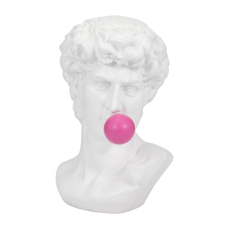 Sculptural Resin Greek God Head Statue with Gum - 13", White & Pink - 12.5"