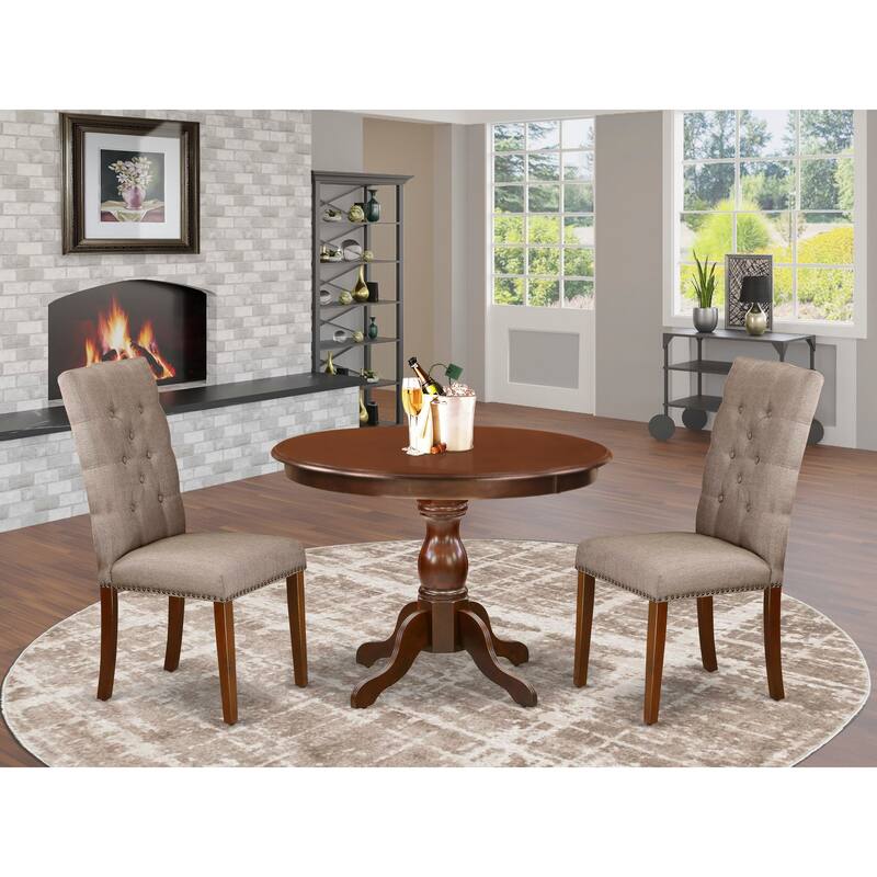 East West Furniture 3 Piece Dining Table Set Contains a Round Dining Table and 2 Linen Fabric Parson Chairs, (Finish Options) - HBEL3-MAH-16