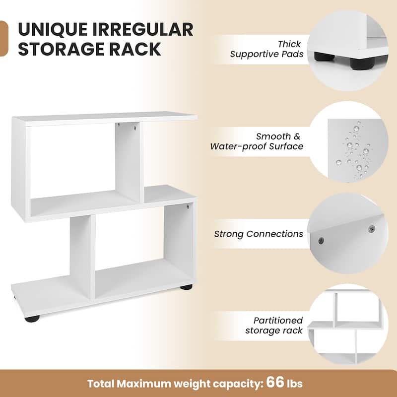 2PCS 2-Tier Wooden Bookshelf Free Standing S-Shaped Shelf Storage