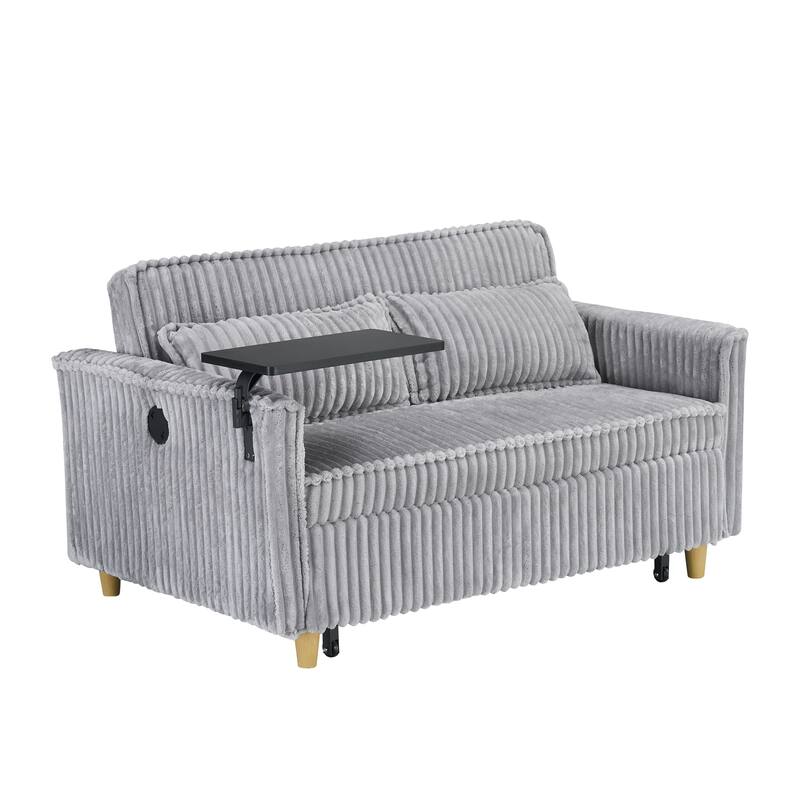 Gray Corduroy Pull-out Sofa with Movable Tabletop and USB Ports