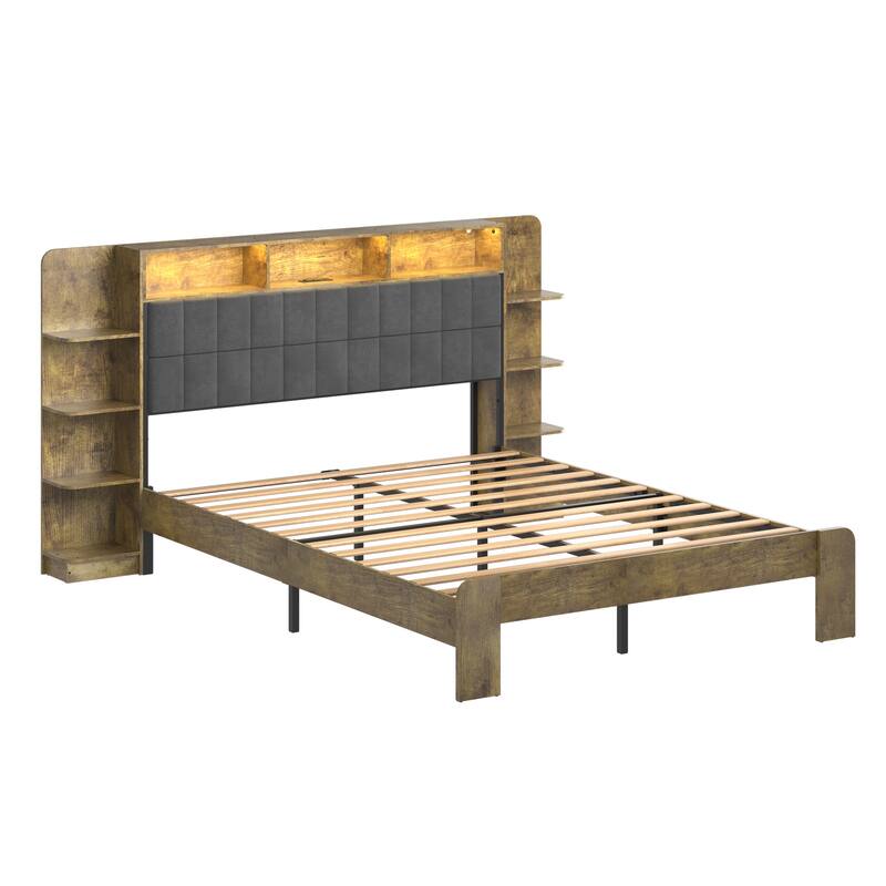 Queen Size Platform Bed Frame with LED Lights, Charging Station, and Storage Shelves, No Box Spring Required for Bedroom